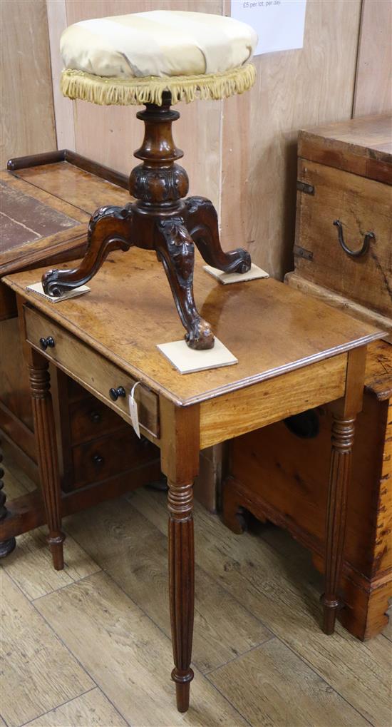 An early Victorian mahogany side table together with a Victorian tripod piano stool Table width 66cm